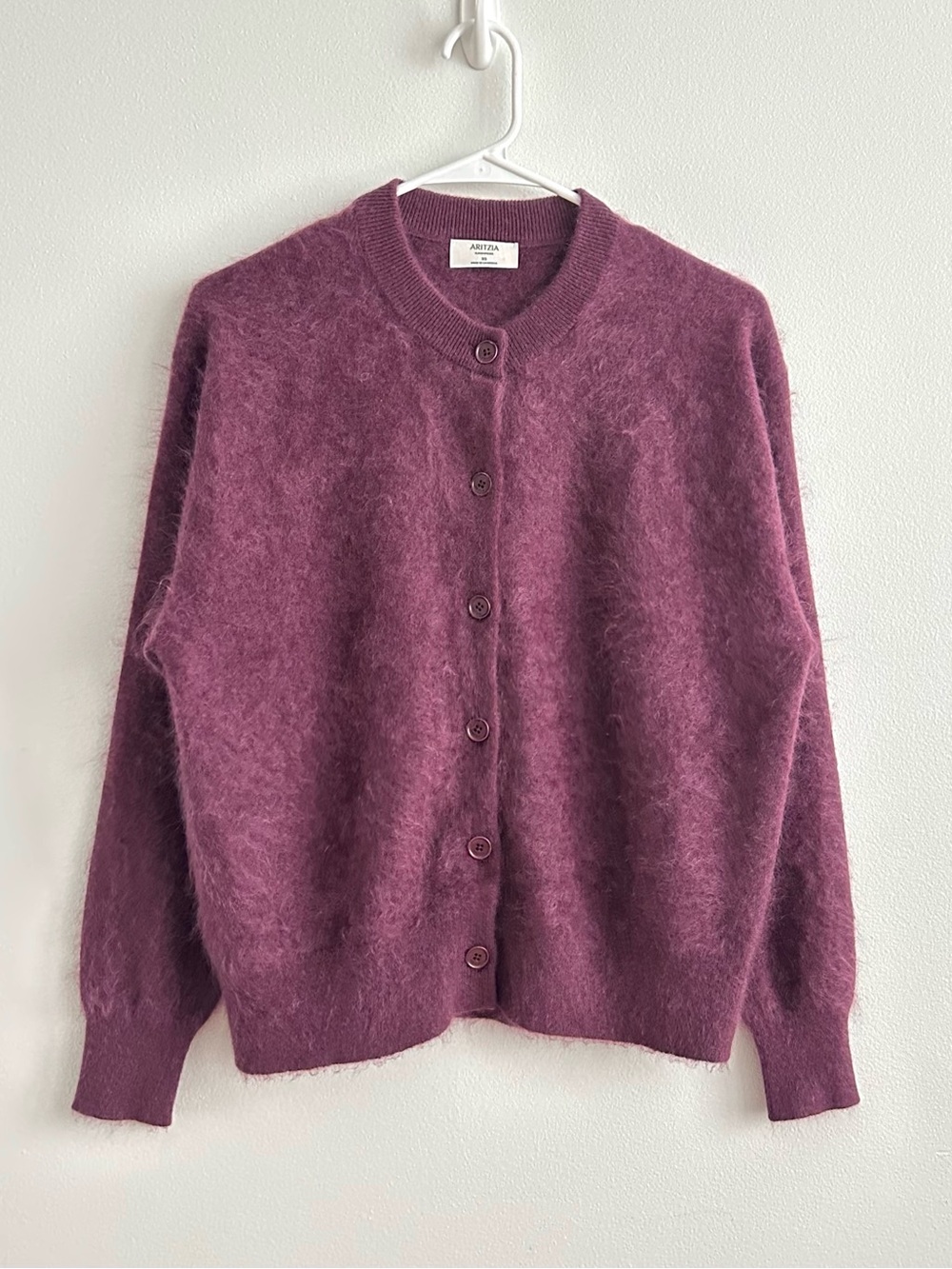 Aritzia Brushed Cashmere Purple Crew Neck Button Up Cardigan